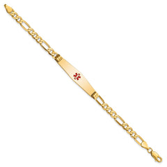 14K Medical Solid Chain/Solid Plate Soft Diamond Shape 36x9mm Centered Red Enamel Flat Figaro Link 8 inch ID Bracelet