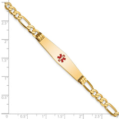 14K Medical Solid Chain/Solid Plate Soft Diamond Shape 36x9mm Centered Red Enamel Flat Figaro Link 8 inch ID Bracelet