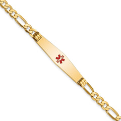 14K Medical Solid Chain/Solid Plate Soft Diamond Shape 36x9mm Centered Red Enamel Flat Figaro Link 8 inch ID Bracelet