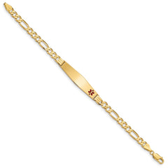 14K Medical Solid Chain/Solid Plate Soft Diamond Shape 36x9mm Off-Center Red Enamel Flat Figaro Link 7 inch ID Bracelet