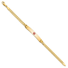 14K Medical Solid Chain/Solid Plate 37x6mm Centered Red Enamel Curb Link 7 inch ID Bracelet