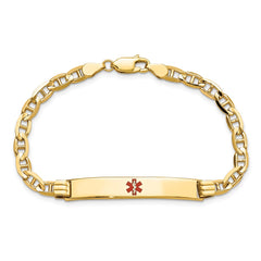 14K Medical Solid Chain/Solid Plate 37x6mm Centered Red Enamel Anchor Link 8 inch ID Bracelet