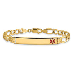 14K Medical Semi-Solid Chain/Solid Plate 37x6mm Off-Center Red Enamel Figaro Link 8 inch ID Bracelet