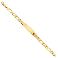 14K Medical Solid Chain/Solid Plate Soft Diamond Shape 38x9mm Off-Center Red Enamel Figaro Link 8 inch ID Bracelet