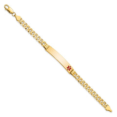 14K Medical Solid Chain/Solid Plate 38x8mm Off-Center Red Enamel Curb Link 7 inch ID Bracelet