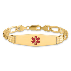 14K Medical Solid Chain/Solid Plate Soft Diamond Shape 40x12mm Centered Red Enamel Flat Figaro Link 8 inch ID Bracelet