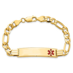 14K Medical Solid Chain/Solid Plate 40x10mm Off-Center Red Enamel Flat Figaro Link 8 inch ID Bracelet