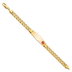 14K Medical Solid Chain/Solid Plate Soft Diamond Shape 39x12mm Off-Center Red Enamel Flat Curb Link 8 inch ID Bracelet