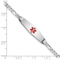 14K White Gold Medical Solid Chain/Solid Plate 24x7mm Soft Diamond Shape Centered Red Enamel Figaro Link 8 inch ID Bracelet
