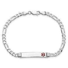 14K White Gold Medical Solid Chain/Solid Plate 26x5mm Off-Center Red Enamel Figaro Link 7 inch ID Bracelet - 2
