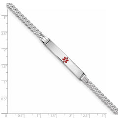 14K White Gold Medical Solid Chain/Solid Plate 37x6mm Centered Red Enamel Flat Curb Link 8 inch ID Bracelet