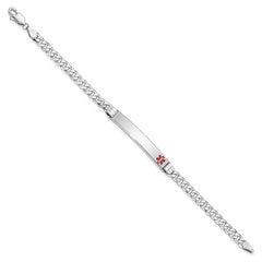 14K White Gold Medical Solid Chain/Solid Plate 37x6mm Off-Center Red Enamel Flat Curb Link 7 inch ID Bracelet