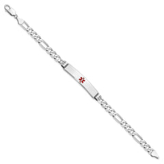 14K White Gold Medical Solid Chain/Solid Plate 37x7mm Centered Red Enamel Figaro Link 8 inch ID Bracelet
