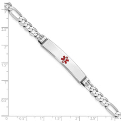 14K White Gold Medical Solid Chain/Solid Plate 37x7mm Centered Red Enamel Figaro Link 8 inch ID Bracelet