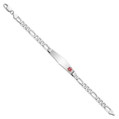 14K White Gold Medical Solid Chain/Solid Plate Soft Diamond Shape 38x9mm Off-Center Red Enamel Figaro Link 7 inch ID Bracelet