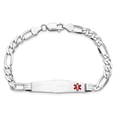 14K White Gold Medical Solid Chain/Solid Plate Soft Diamond Shape 38x9mm Off-Center Red Enamel Figaro Link 7 inch ID Bracelet