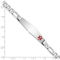 14K White Gold Medical Solid Chain/Solid Plate Soft Diamond Shape 38x9mm Off-Center Red Enamel Figaro Link 7 inch ID Bracelet