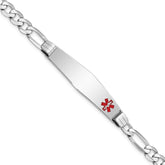 14K White Gold Medical Solid Chain/Solid Plate Soft Diamond Shape 38x9mm Off-Center Red Enamel Figaro Link 7 inch ID Bracelet
