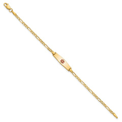 14k Medical Solid Chain/Solid Plate 20x5mm Soft Diamond Shape Centered Red Enamel Figaro Link 8 inch ID Bracelet