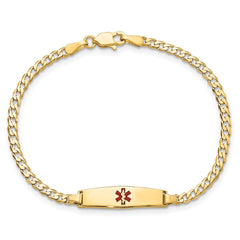 14k Medical Solid Chain/Solid Plate 20x5mm Soft Diamond Shape Centered Red Enamel Curb Link 8 inch ID Bracelet