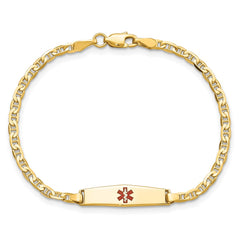 14k Medical Solid Chain/Solid Plate 20x5mm Soft Diamond Shape Centered Red Enamel Flat Anchor Link 6 inch Baby/Child ID Bracelet