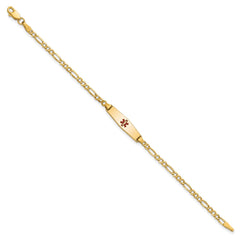 14k Medical Semi-Solid Chain/Solid Plate 20x5mm Soft Diamond Shape Centered Red Enamel Figaro Link 6 inch Baby/Child ID Bracelet