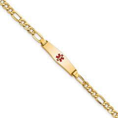 14k Medical Semi-Solid Chain/Solid Plate 20x5mm Soft Diamond Shape Centered Red Enamel Figaro Link 7 inch ID Bracelet