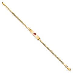 14k Medical Semi-Solid Chain/Solid Plate 20x5mm Soft Diamond Shape Centered Red Enamel Cuban Link 7 inch ID Bracelet