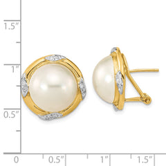14k 13-14mm White Mabe Saltwater Cultured Pearl and .16 Carat Diamond Omega Back Earrings