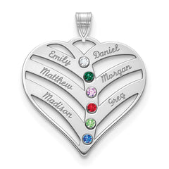 14KW 6-Name w/Birthstones w/18k Rhod-plated Bezel Cut Out Heart Pendant