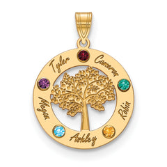 14KY Family Tree in Circle 5 Names and Birthstones w/ 14k Bezel Pendant