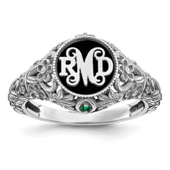 10k White Gold Filigree w/Epoxy and Birthstone Monogram Ring