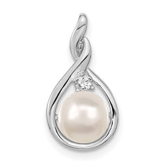 14k White Gold 7mm White Round FW Cultured Pearl AAA Diamond Pendant
