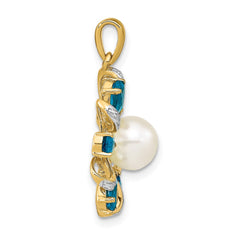 14k Diamond and 6-7mm Button FWC Pearl/London Blue Topaz Pendant