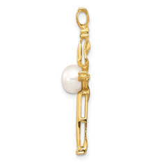 14k 6-7mm White Button Freshwater Cultured Pearl and .02 Carat Diamond Cross Pendant