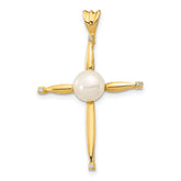 14k 6-7mm White Button Freshwater Cultured Pearl and .02 Carat Diamond Cross Pendant