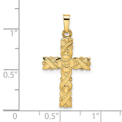 14k Polished and Textured Solid Floral Cross Pendant - 2