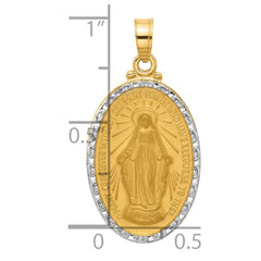 14K with Rhodium Satin and Polished Miraculous Medal Solid Oval Pendant