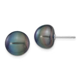 14k White Gold 10-11mm Black Button Freshwater Cultured Pearl Stud Post Earrings