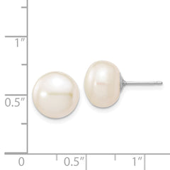 14k White Gold 10-11mm White Button Freshwater Cultured Pearl Stud Post Earrings