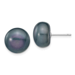 14k White Gold 11-12mm Black Button Freshwater Cultured Pearl Stud Post Earrings