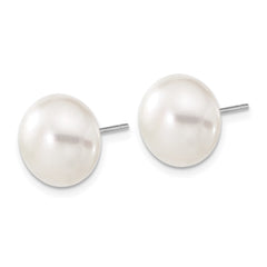 14k White Gold 11-12mm White Button Freshwater Cultured Pearl Stud Post Earrings