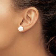 14k White Gold 11-12mm White Button Freshwater Cultured Pearl Stud Post Earrings
