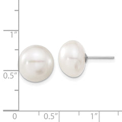 14k White Gold 11-12mm White Button Freshwater Cultured Pearl Stud Post Earrings