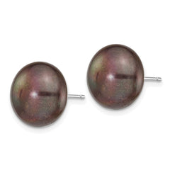 14k White Gold 12-13mm Black Button Freshwater Cultured Pearl Stud Post Earrings