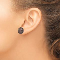 14k White Gold 12-13mm Black Button Freshwater Cultured Pearl Stud Post Earrings