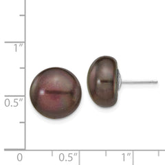 14k White Gold 12-13mm Black Button Freshwater Cultured Pearl Stud Post Earrings