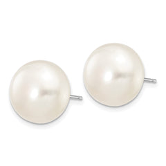 14k White Gold 12-13mm White Button Freshwater Cultured Pearl Stud Post Earrings