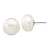 14k White Gold 12-13mm White Button Freshwater Cultured Pearl Stud Post Earrings