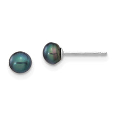 14k White Gold 4-5mm Black Button Freshwater Cultured Pearl Stud Post Earrings
